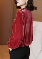 Fine Red Ruffled Solid Lace Up Silk Velour Shirts Long Sleeve