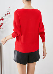 Fine Red Slash Neck Oversized Knit Sweater Tops Batwing Sleeve