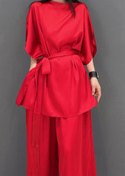 Fine Red Slash Neck Top And Long Pants Two Piece Set Summer