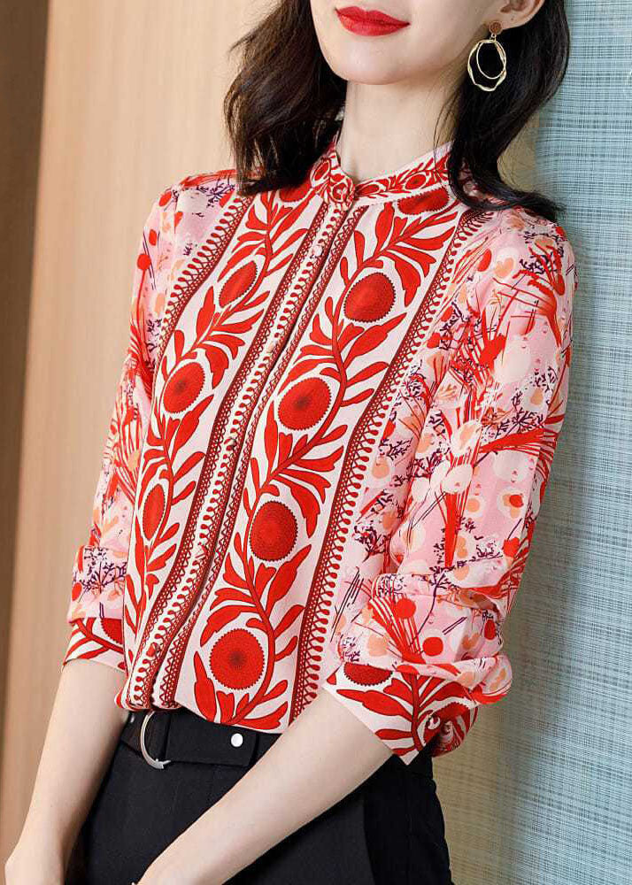 Fine Red Stand Collar Print Patchwork Silk Shirt Top Spring