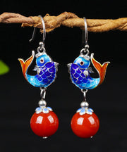 Fine Red Sterling Silver Agate Cloisonne Goldfish Drop Earrings