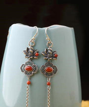 Fine Red Sterling Silver Agate Lotus Tassel Drop Earrings