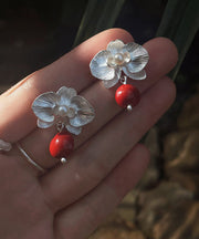 Fine Red Sterling Silver Floral Pearl Red Beans Drop Earrings