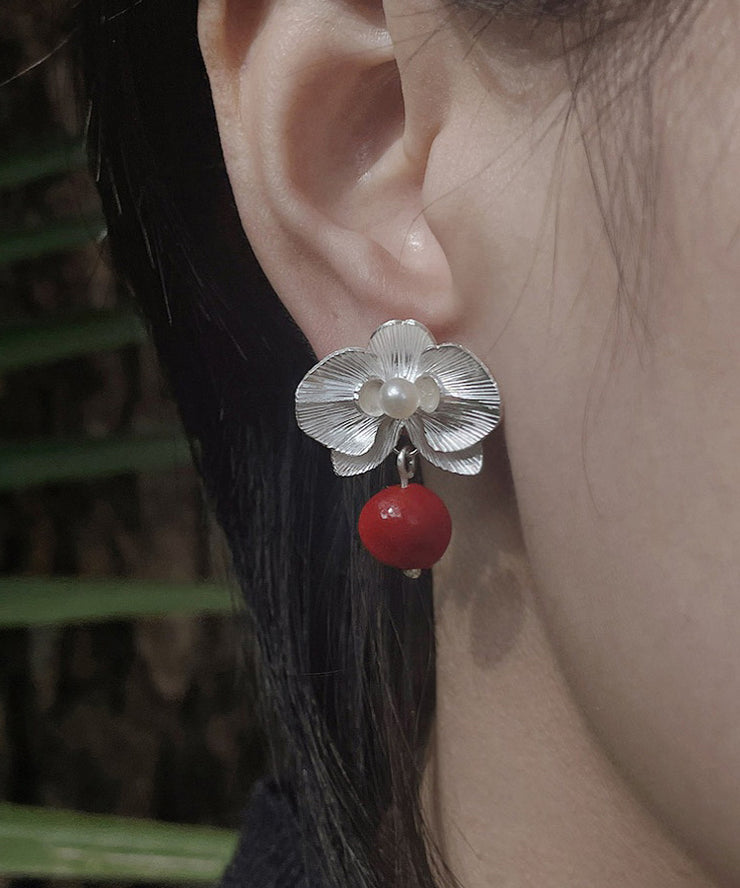 Fine Red Sterling Silver Floral Pearl Red Beans Drop Earrings