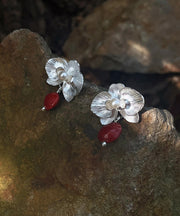 Fine Red Sterling Silver Floral Pearl Red Beans Drop Earrings