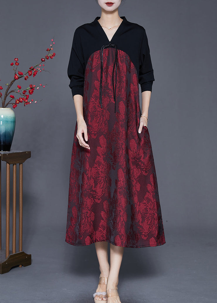 Fine Red Tasseled Patchwork Silk Maxi Dresses Spring