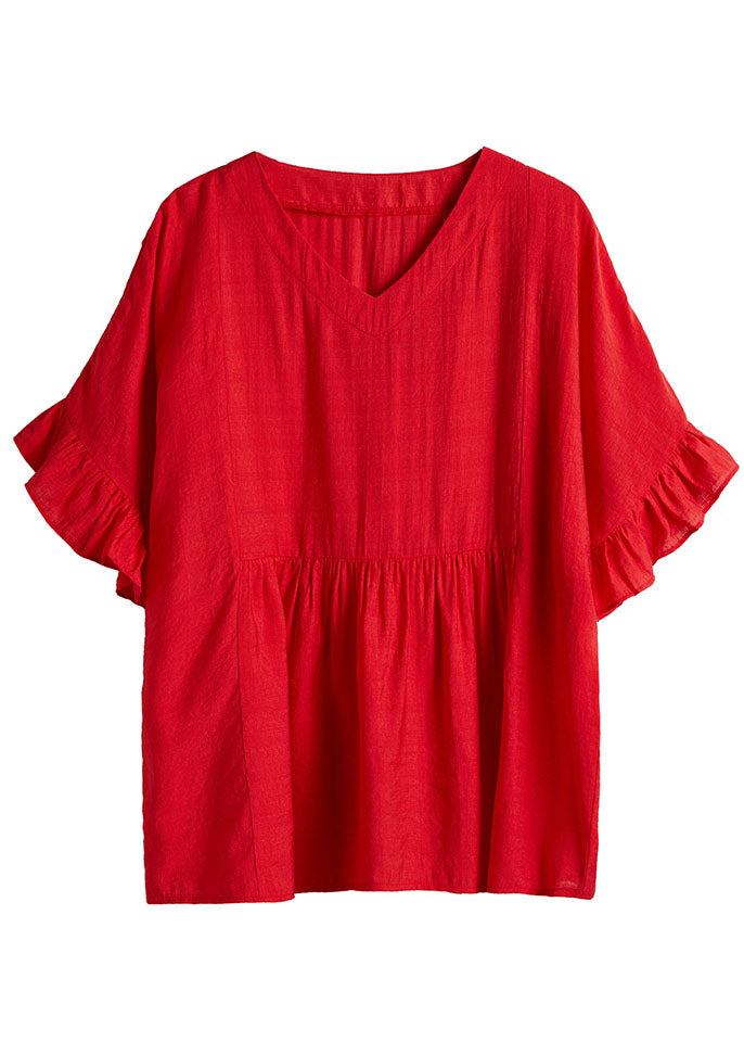 Fine Red V Neck Patchwork Ruffled Cotton T Shirt Short Sleeve