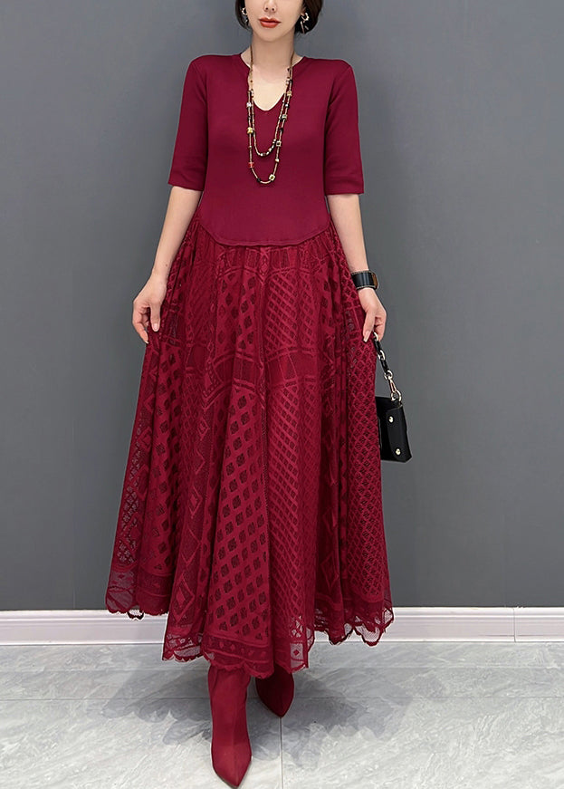 Fine Red V Neck Tulle Patchwork Maxi Dress Fall