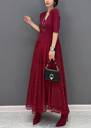 Fine Red V Neck Tulle Patchwork Maxi Dress Fall