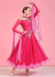 Fine Rose Embroideried Zircon Tulle Patchwork Dance Dress Long Sleeve