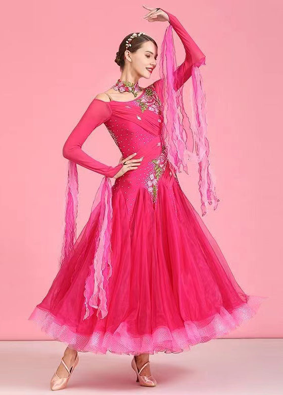 Fine Rose Embroideried Zircon Tulle Patchwork Dance Dress Long Sleeve