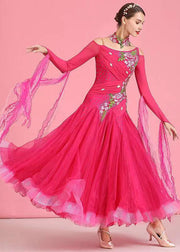 Fine Rose Embroideried Zircon Tulle Patchwork Dance Dress Long Sleeve