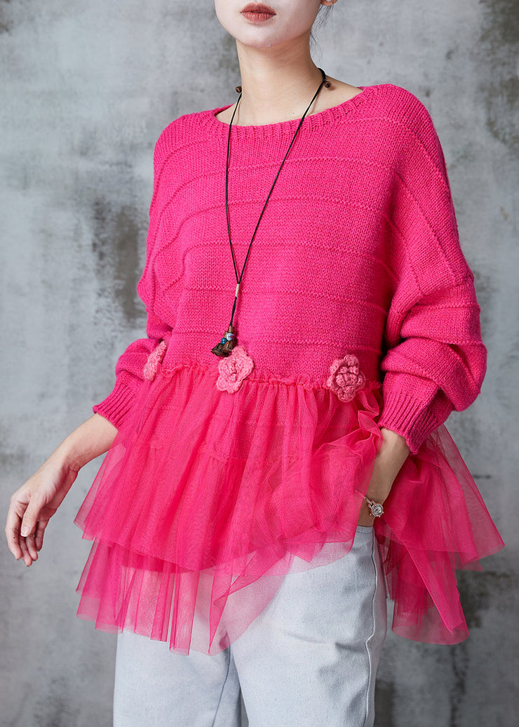 Fine Rose Floral Patchwork Tulle Knit Sweater Tops Spring