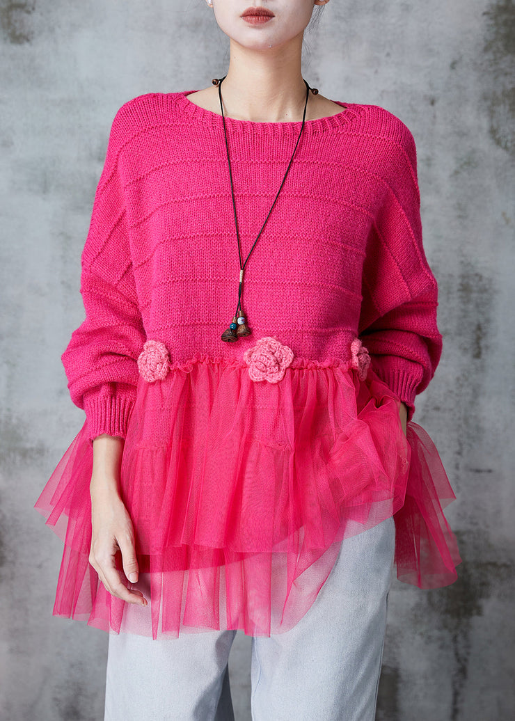 Fine Rose Floral Patchwork Tulle Knit Sweater Tops Spring