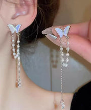 Fine Silk Alloy Zircon Pearl Butterfly Tassel Drop Earrings