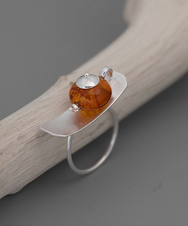 Fine Silk Sterling Silver Amber Teapot Rings