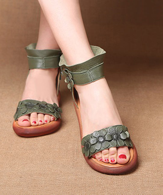 Fine Splicing Chunky Flat Sandals Peep Toe Green Cowhide Leather