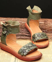 Fine Splicing Chunky Flat Sandals Peep Toe Green Cowhide Leather