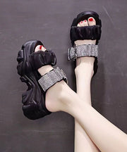 Fine Splicing Platform Slide Sandals Black Zircon Buckle Strap