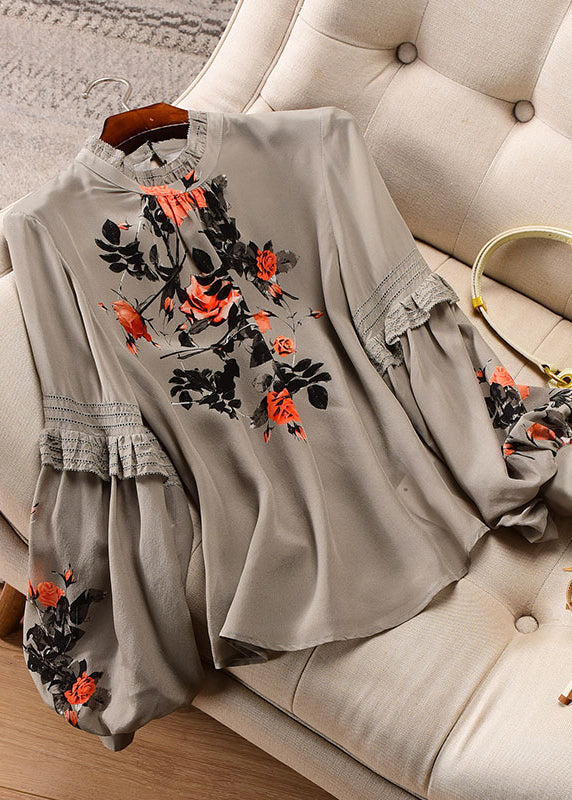 Fine Stand Collar Print Ruffles Chiffon Tops Bottoming Shirt