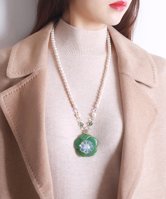 Fine White Alloy Jade Pearl Crystal Pendant Necklace