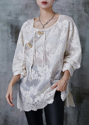 Fine White Embroidered Chinese Button Cotton Shirt Top Summer