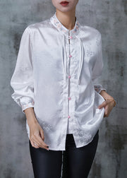Fine White Embroidered Jacquard Silk Chinese Style Shirts Spring