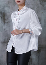 Fine White Embroidered Jacquard Silk Chinese Style Shirts Spring