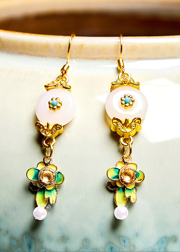 Fine White Jade Paitings Flower Metal Drop Earrings 2024 new style