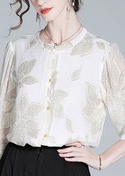 Fine White O-Neck Embroideried Print Button Silk Top Spring