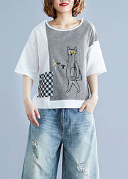 Fine White O Neck Plaid Patchwork Cartoon Embroideried Cotton Tops Short Sleeve