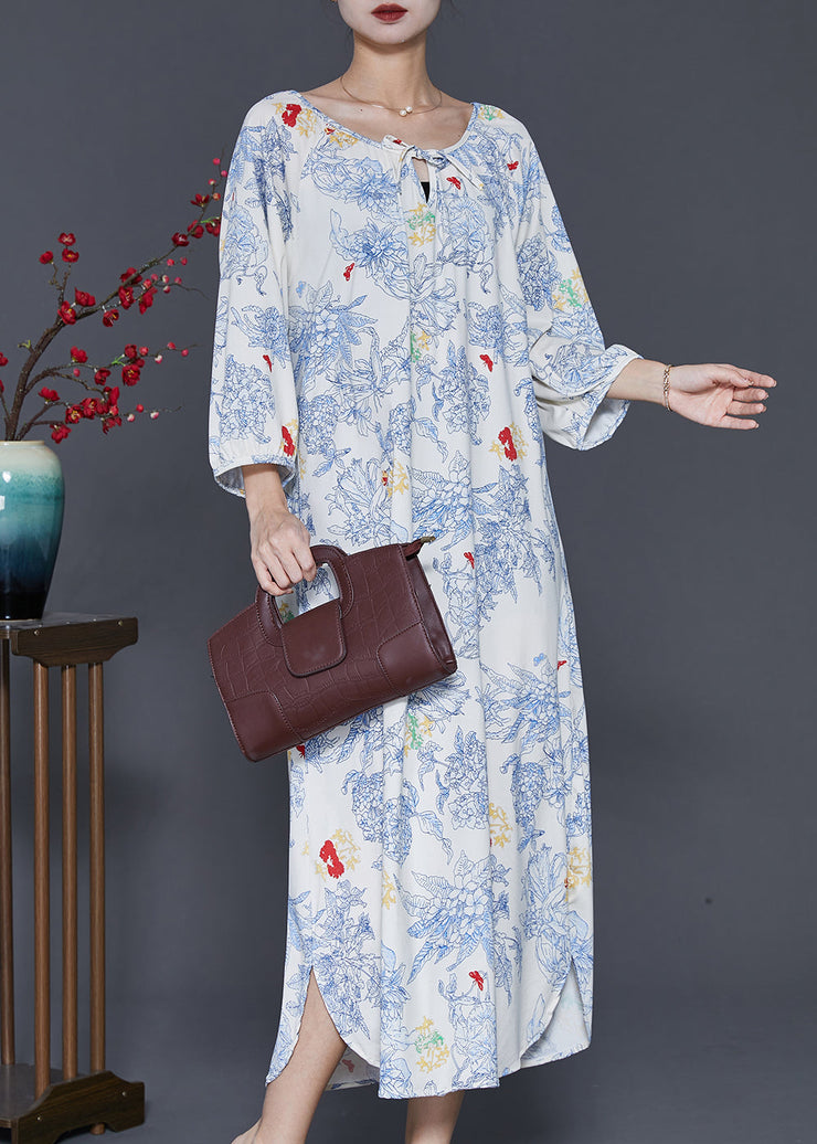 Fine White Oversized Print Cotton Maxi Dress Spring