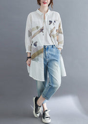 Fine White Print Patchwork Cotton Shirt Dress Fall