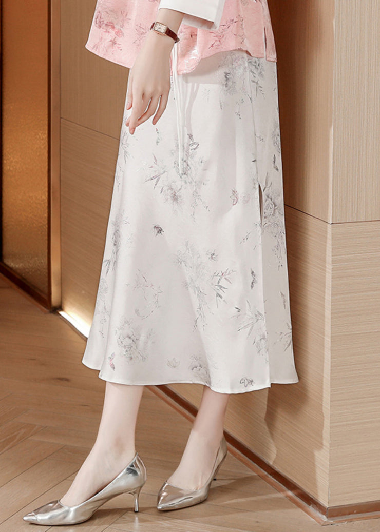 Fine White Print Side Open Silk Skirt Summer