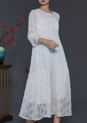 Fine White Square Colla Embroidered Silk Long Dress Spring