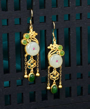 Fine White Sterling Silver Inlaid Gem Stone Jade Tassel Drop Earrings