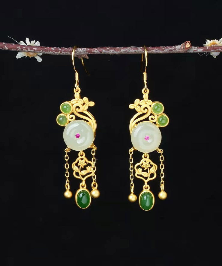 Fine White Sterling Silver Inlaid Gem Stone Jade Tassel Drop Earrings