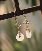 Fine White Sterling Silver Overgild Jade Ping Buckle Tassel Drop Earrings