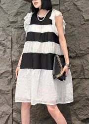 Fine White Striped Ruffled Patchwork Silk Mid Dress Summer