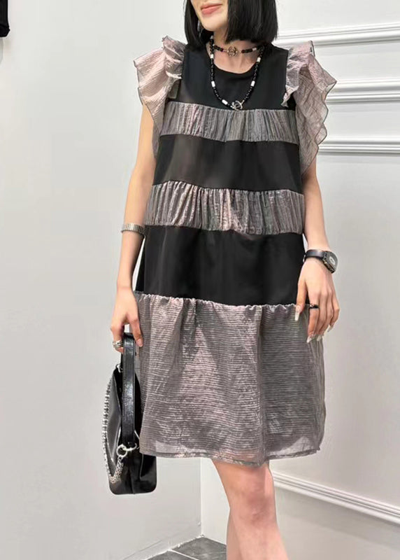 Fine White Striped Ruffled Patchwork Silk Mid Dress Summer