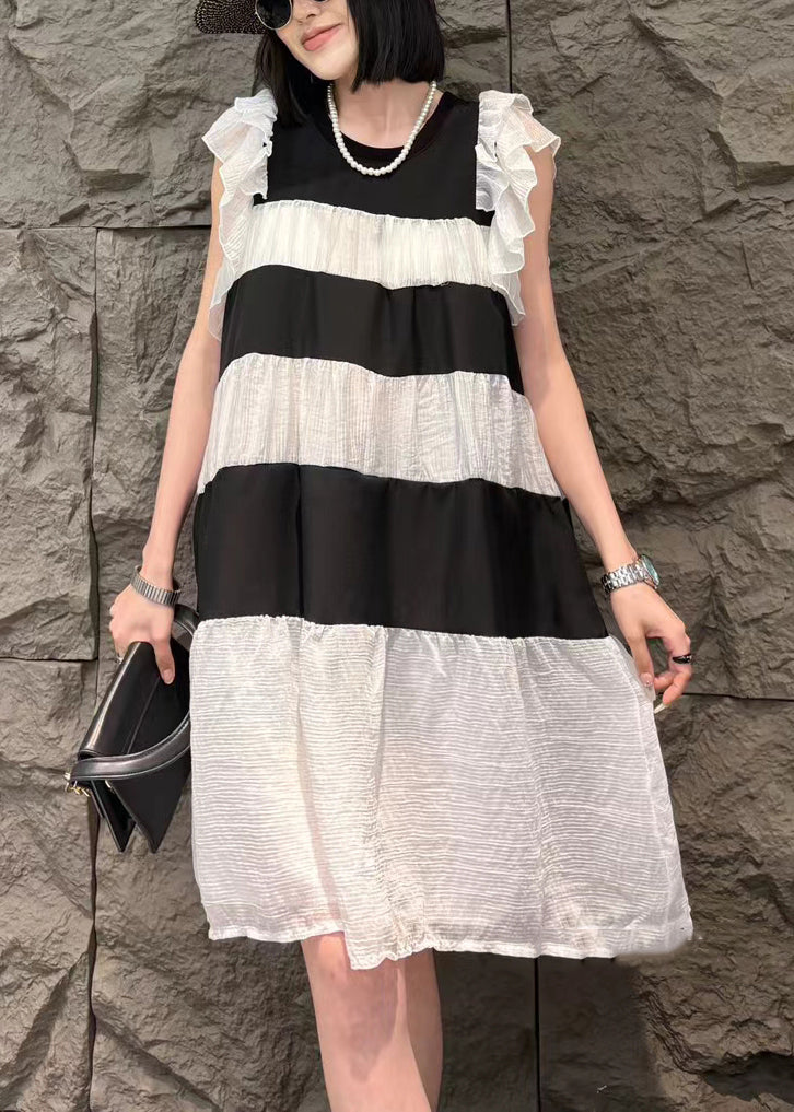 Fine White Striped Ruffled Patchwork Silk Mid Dress Summer