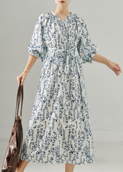 Fine White Tie Waist Print Chiffon Tea Dress Fall