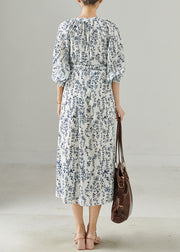 Fine White Tie Waist Print Chiffon Tea Dress Fall