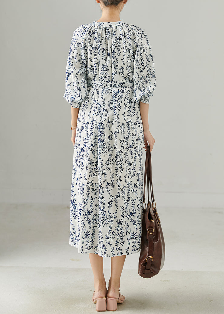 Fine White Tie Waist Print Chiffon Tea Dress Fall