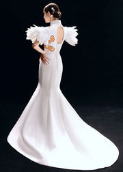 Fine White Turtleneck Embroidered Slim Silk Mopping Fishtail Long Vestidos Summer