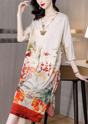 Fine White V Neck Print Side Open Silk Maxi Dress Half Sleeve