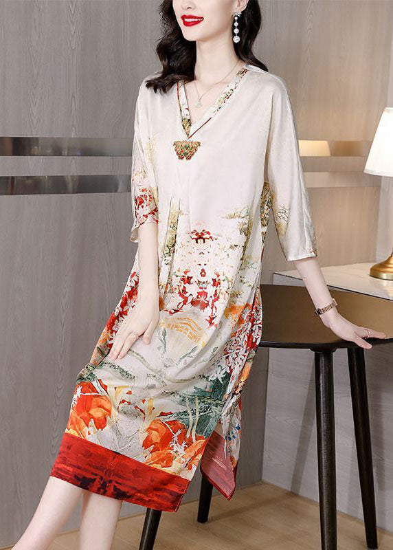 Fine White V Neck Print Side Open Silk Maxi Dress Half Sleeve