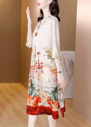 Fine White V Neck Print Side Open Silk Maxi Dress Half Sleeve