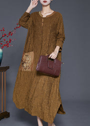 Fine Yellow Embroidered Wrinkled Silk Long Dress Fall