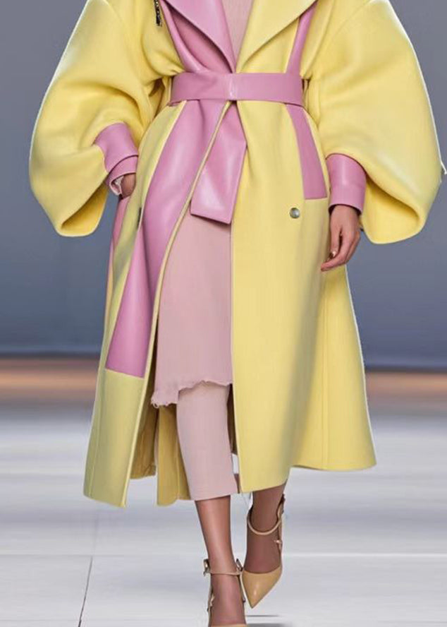 Fine Yellow Oversized Patchwork Woolen Coat Puff Sleeve